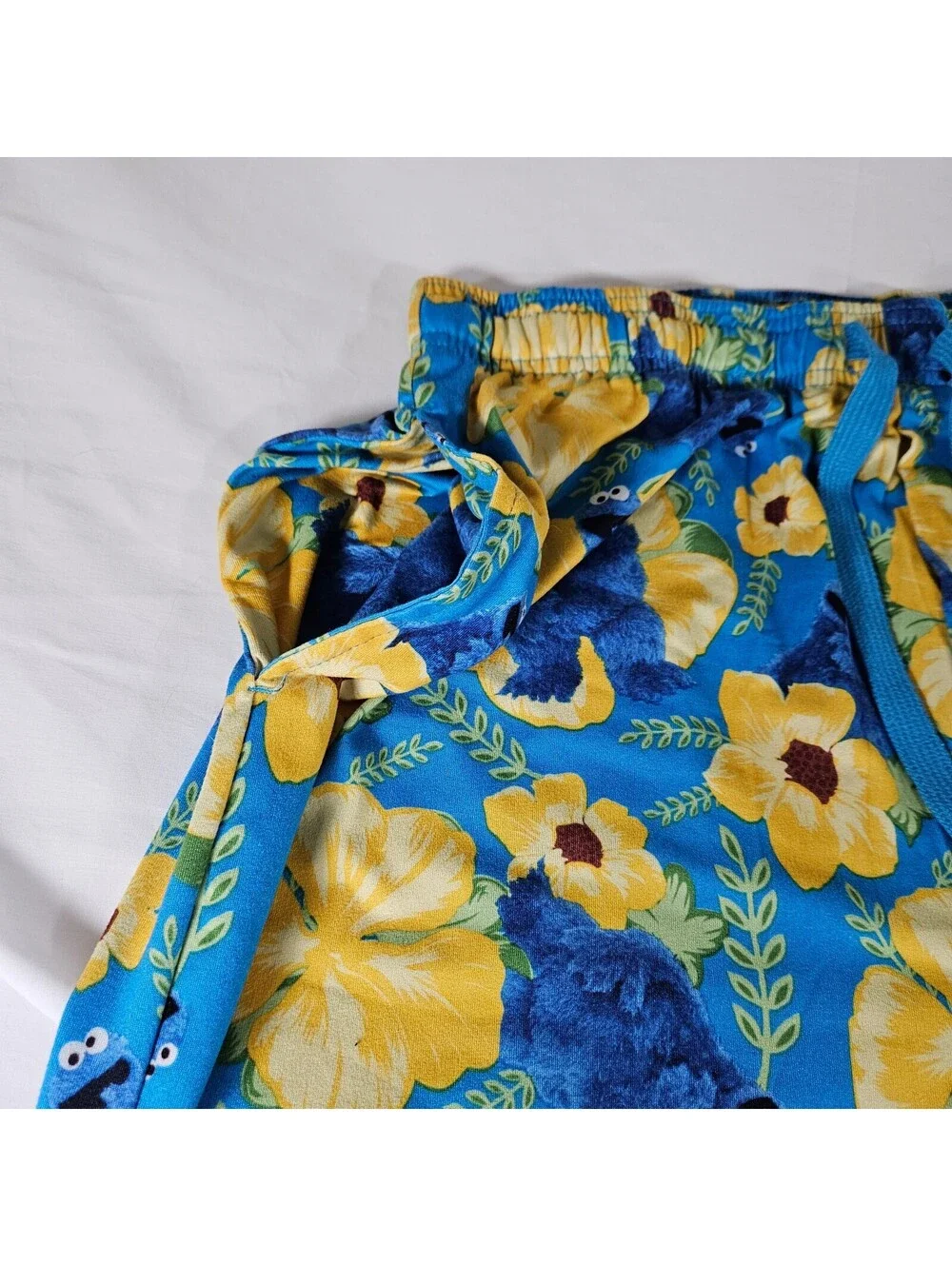 Sesame Street Cookie Monster Pajama Pants Mens XL Tropical Floral Hibiscus Blue